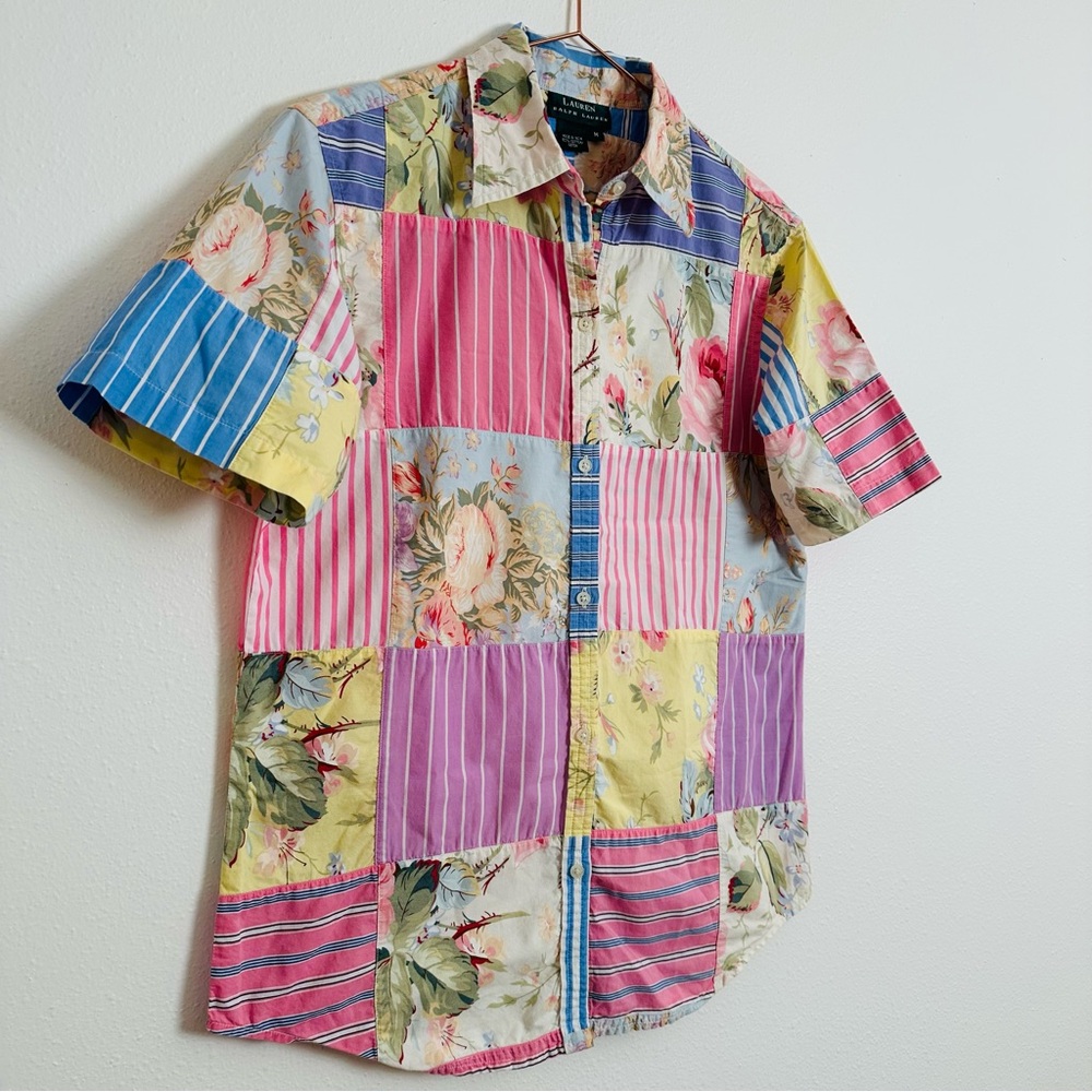 Vintage Ralph Lauren Patchwork Button-Up Shirt Floral Striped Boho - Picture 6 of 9
